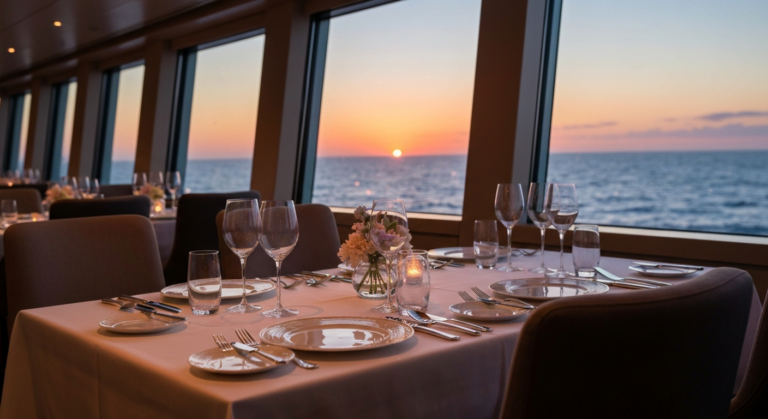 Elegantly set dining table in a contemporary cruise ship restaurant with ocean view