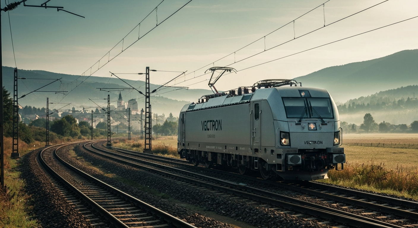 Modern Siemens Vectron locomotive on a railway track in a scenic Slovakian setting