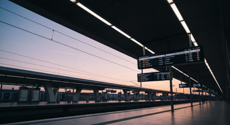Modern train station platform with illuminated digital display boards showing real-time rail information.