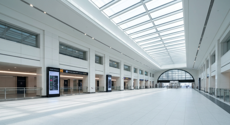 Bright, modern concourse of the redesigned New York Penn Station filled with natural light