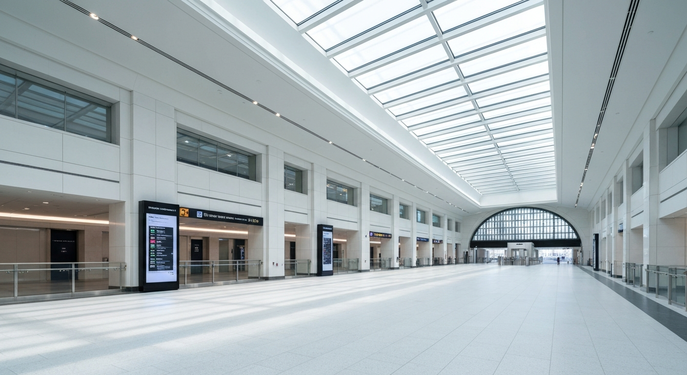 Bright, modern concourse of the redesigned New York Penn Station filled with natural light