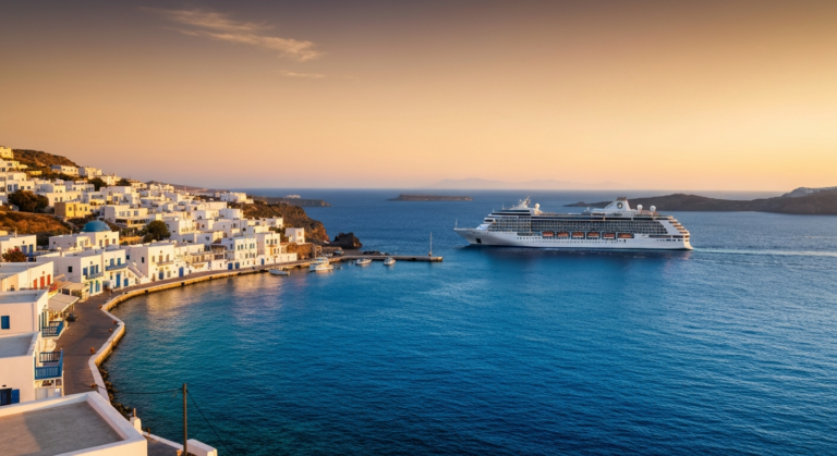Modern cruise ship departing a scenic Greek island port town at sunset