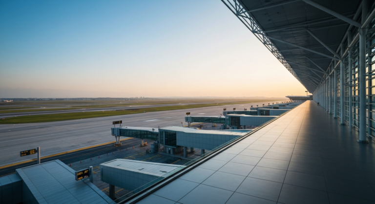 Modern airport terminal and runways under a clear sky at dawn, symbolizing new travel gateways