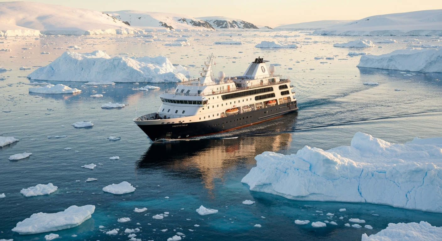 Expedition cruise ship navigating through serene icy Antarctic waters amidst large icebergs