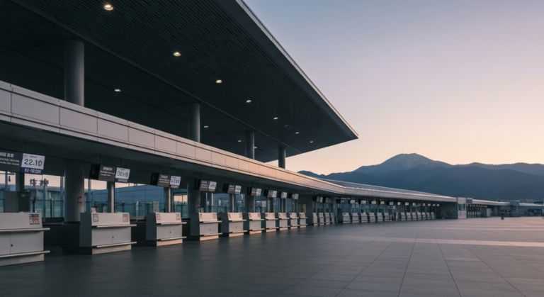 Sleek, modern Japanese regional airport terminal bathed in soft morning light, ready for international arrivals.