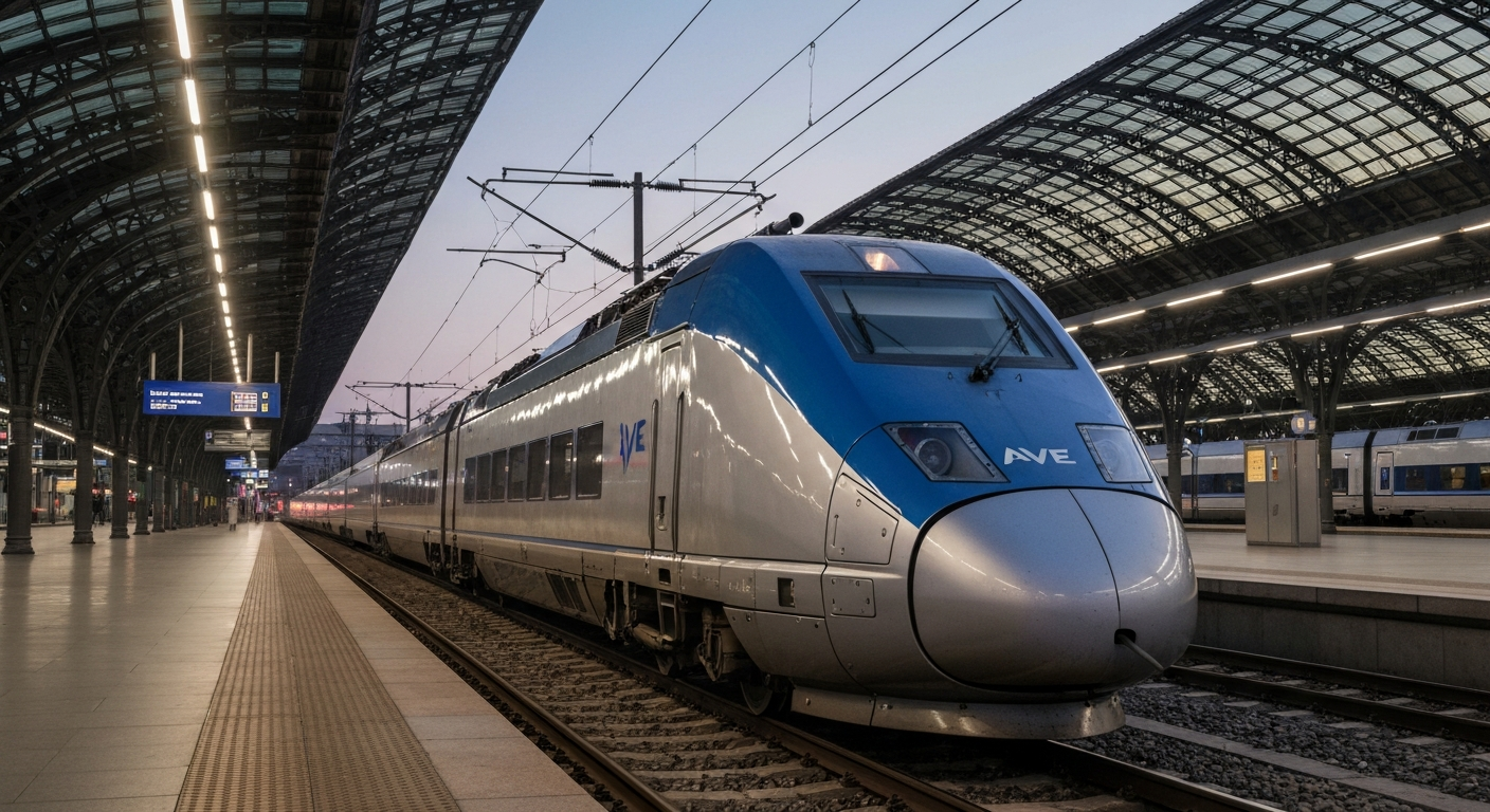 Modern high-speed train on platform in architecturally impressive Spanish railway station