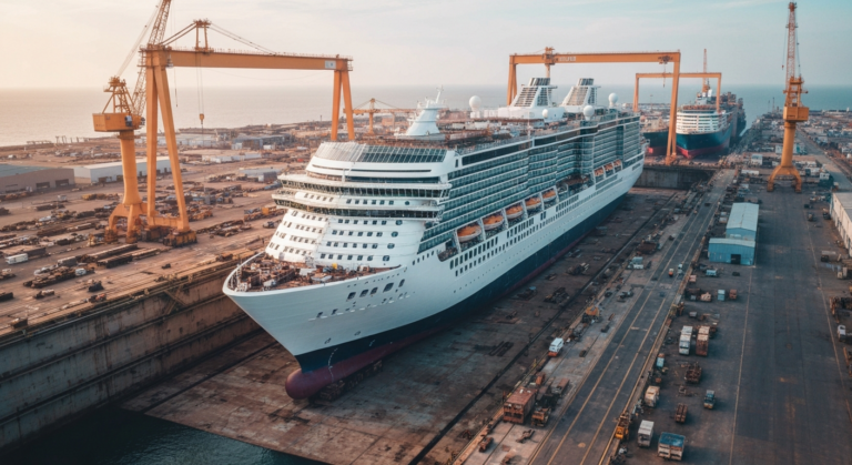 Massive cruise ship under construction in a dry dock with cranes and industrial activity