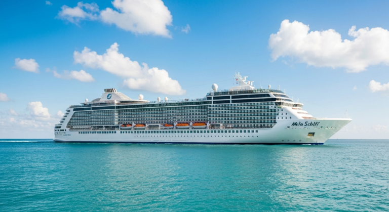 Mein Schiff Flow, a sleek, modern cruise ship, sails on clear turquoise waters.