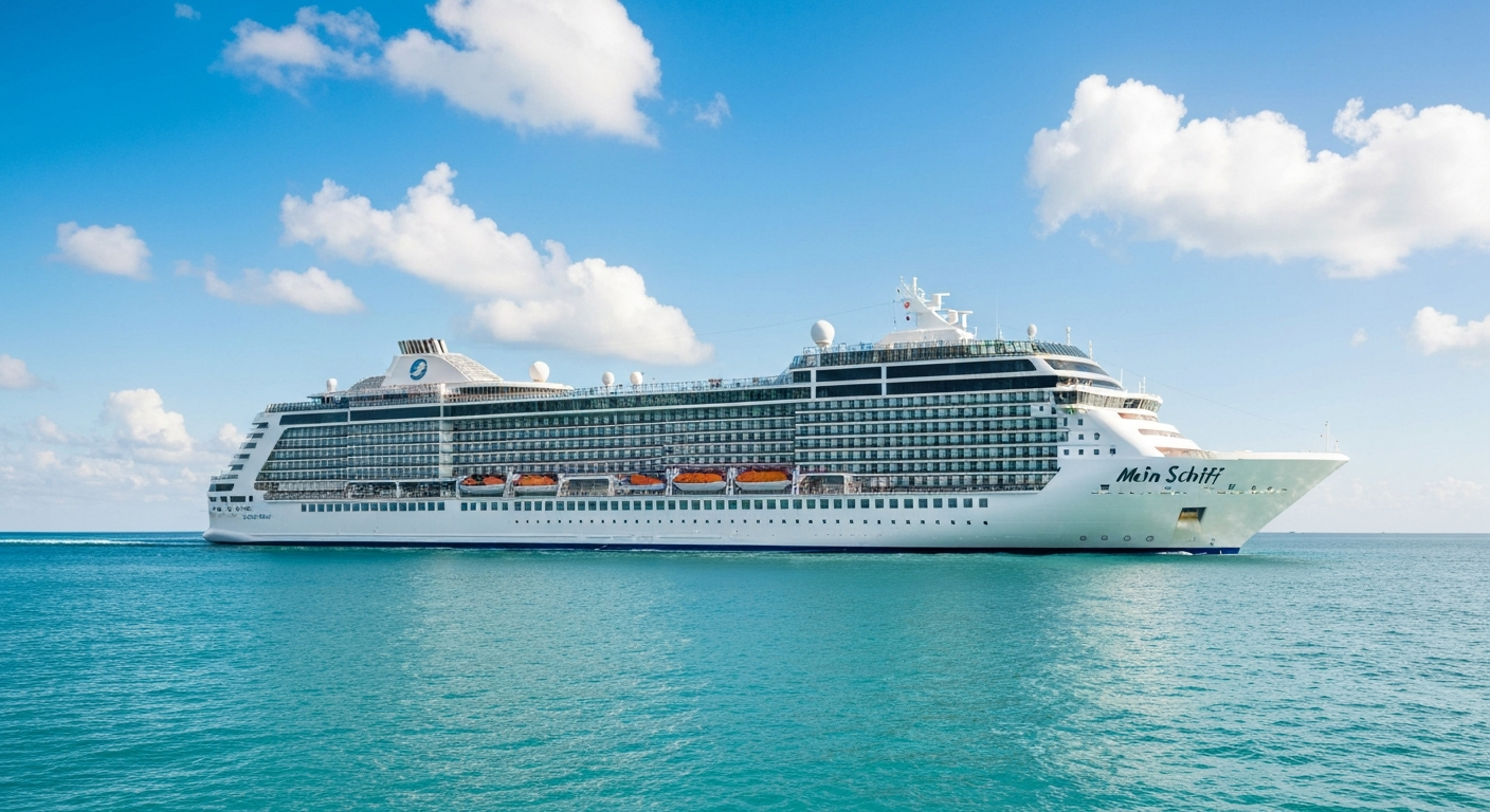 Mein Schiff Flow, a sleek, modern cruise ship, sails on clear turquoise waters.