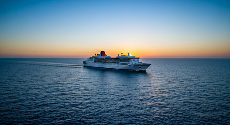 The majestic Queen Mary 2 luxury cruise liner sailing on a tranquil ocean at sunset.