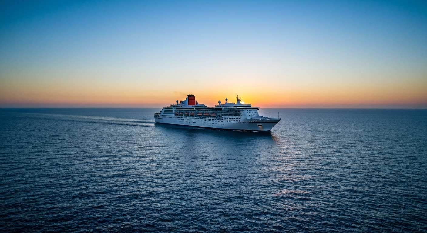 The majestic Queen Mary 2 luxury cruise liner sailing on a tranquil ocean at sunset.