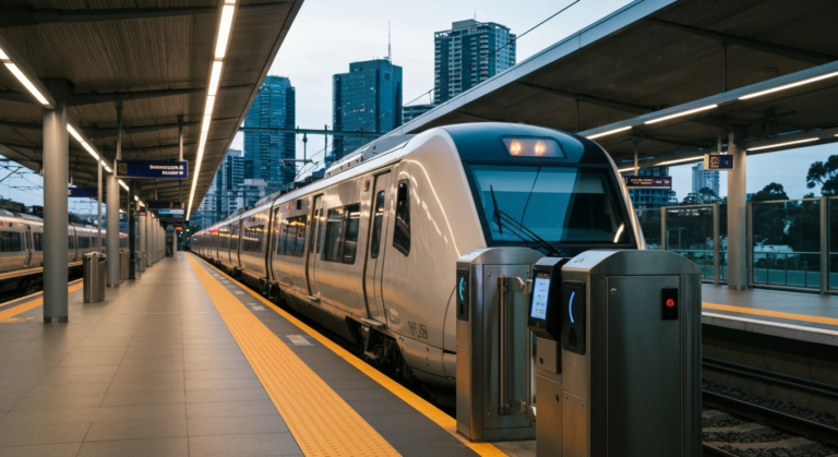 Modern train arriving at a clean, well-lit Victorian rail station with contactless payment gate visible.