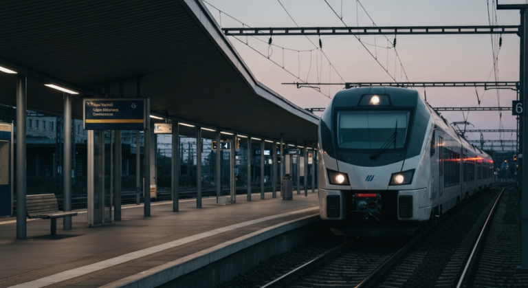 Modern electric multiple unit train arriving at a bustling European railway station at twilight