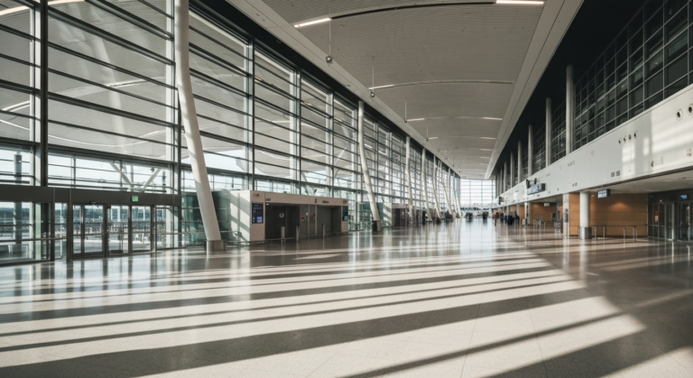 Modern, empty departure hall at Frankfurt Airport with natural light and sleek architecture.