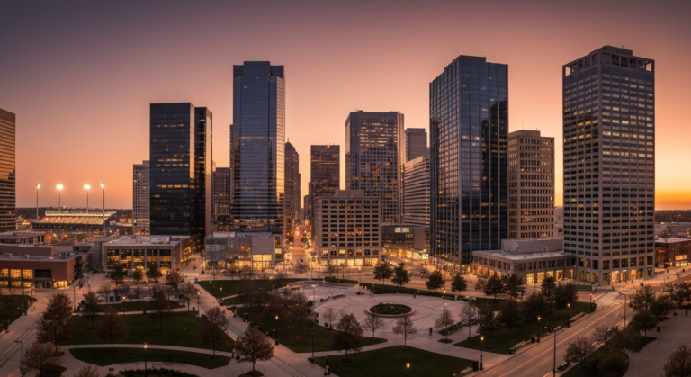 Vibrant U.S. city skyline at dusk with modern architecture and public spaces