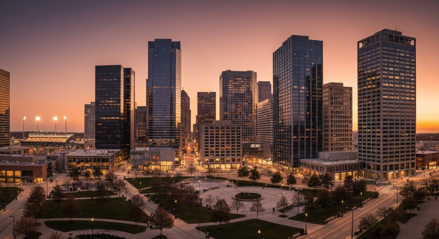 Vibrant U.S. city skyline at dusk with modern architecture and public spaces