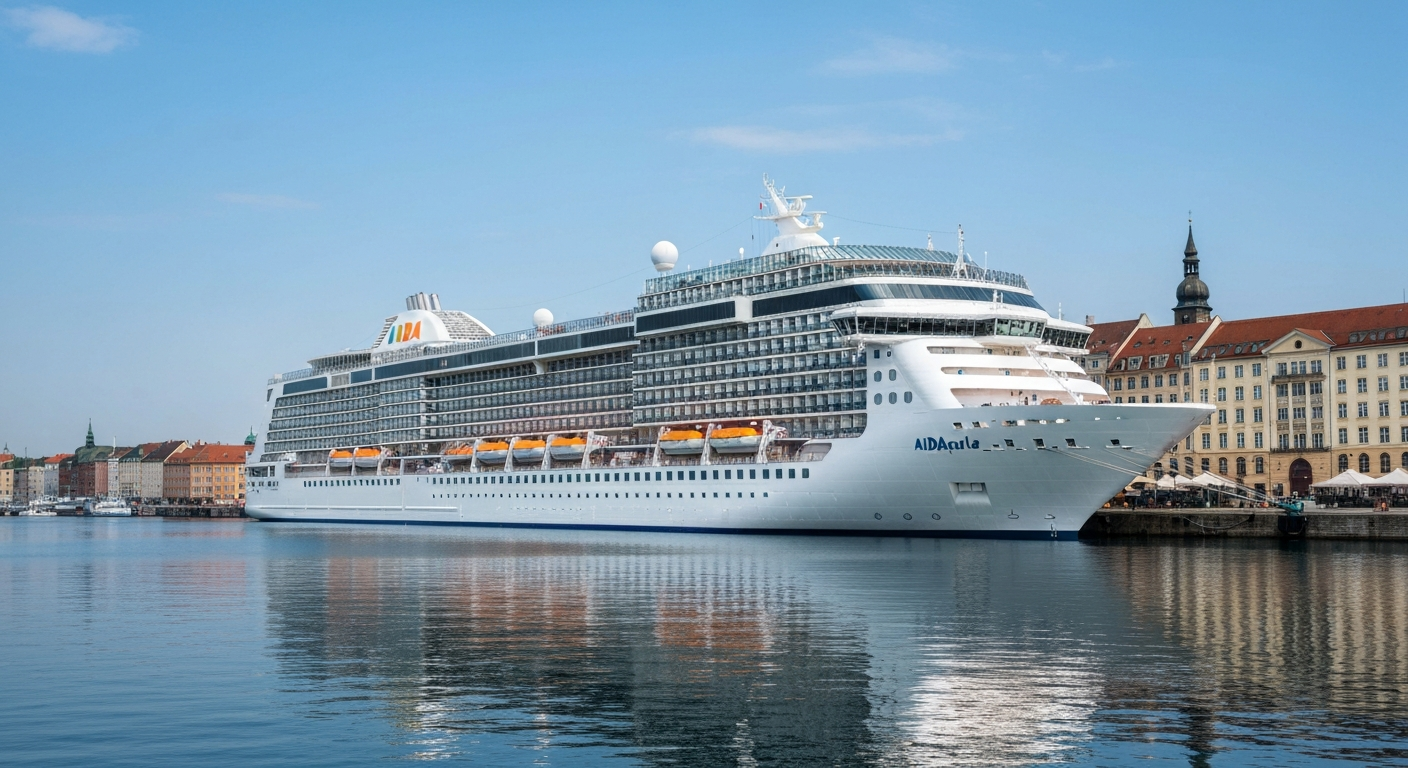 AIDAperla cruise ship docked in a bustling European port city