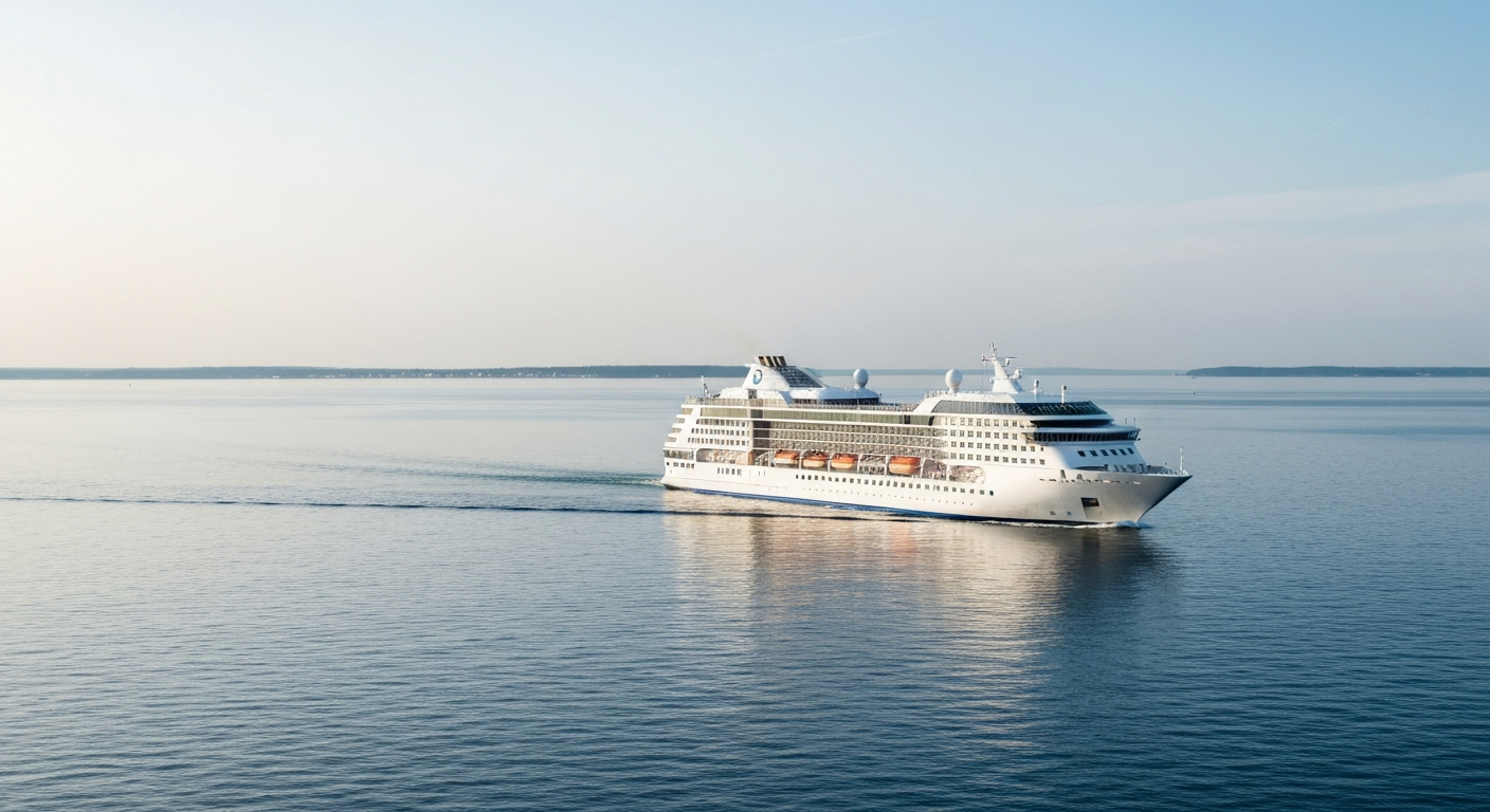 Modern cruise ship sailing peacefully through the Baltic Sea under soft, atmospheric skies