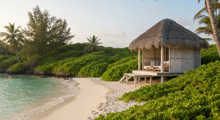 Elegant beachfront cabana on a beautiful Australian island beach with clear turquoise waters.