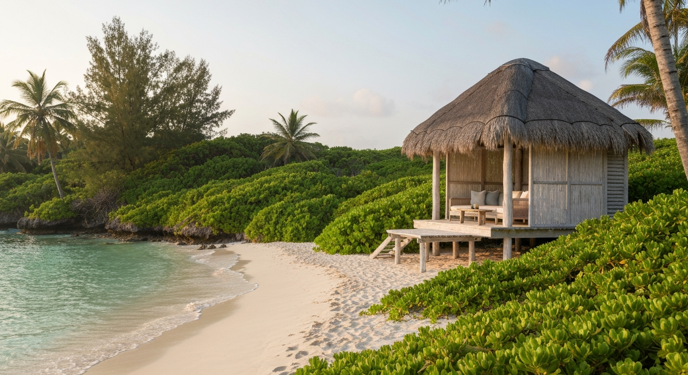 Elegant beachfront cabana on a beautiful Australian island beach with clear turquoise waters.