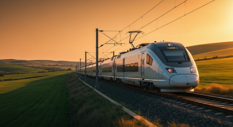 Sleek high-speed train traveling through the scenic Turkish landscape at golden hour.