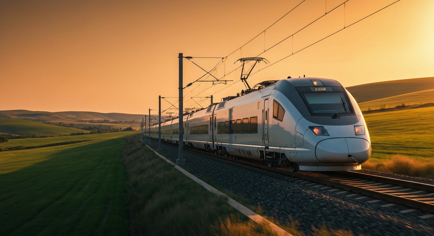 Sleek high-speed train traveling through the scenic Turkish landscape at golden hour.