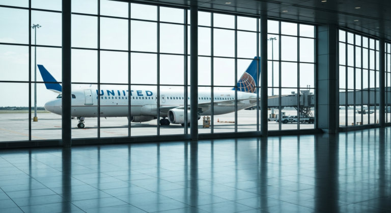 Empty, modern terminal at Chicago O'Hare with a United Airlines plane outside under soft light.
