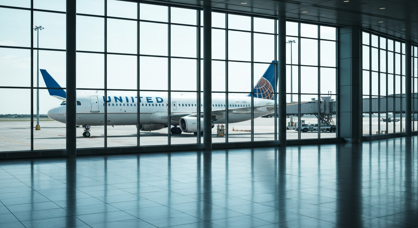 Empty, modern terminal at Chicago O'Hare with a United Airlines plane outside under soft light.