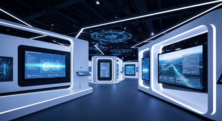 Sleek, modern travel technology conference floor with interactive displays and glowing digital interfaces.