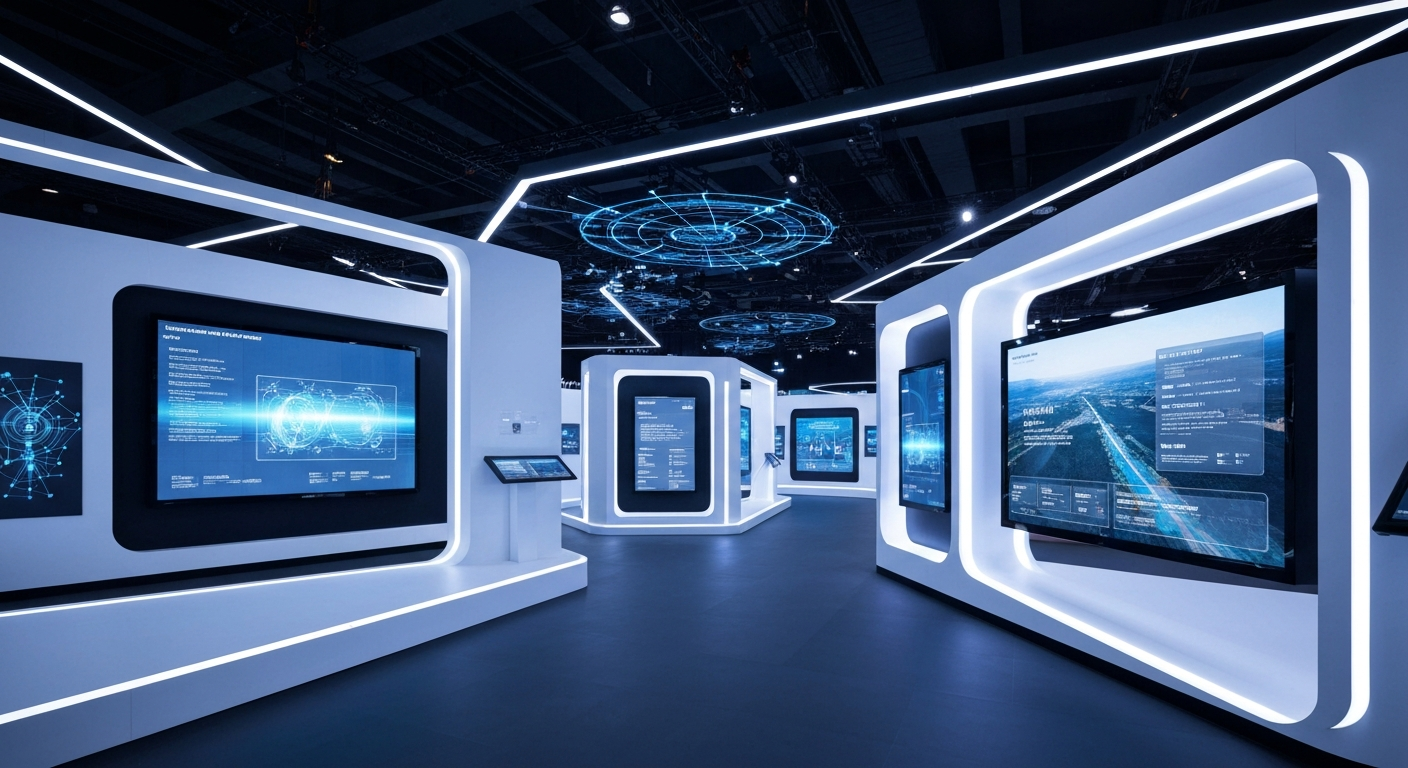 Sleek, modern travel technology conference floor with interactive displays and glowing digital interfaces.