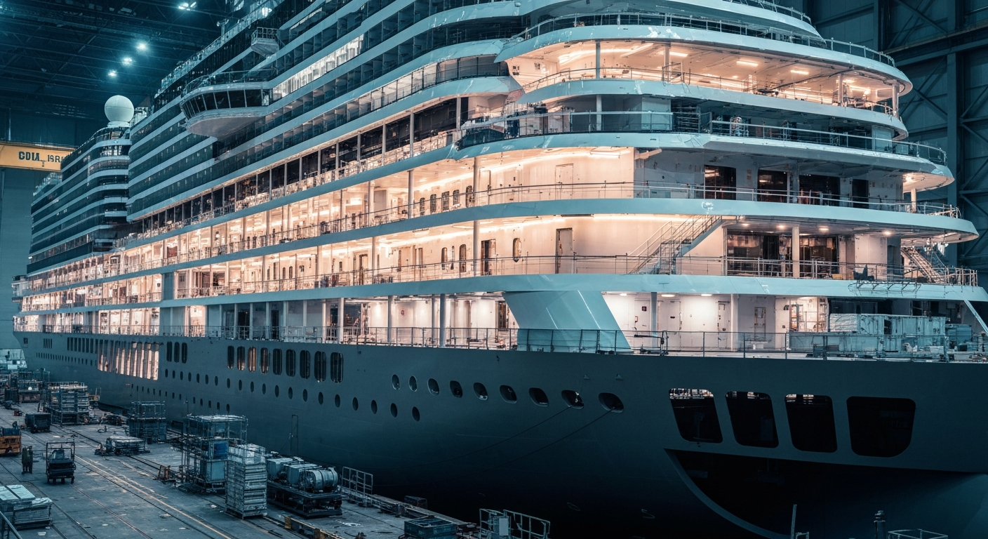 Large luxury cruise ship hull under construction in a state-of-the-art shipyard at dusk