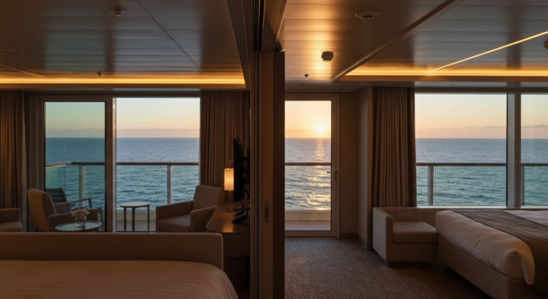 Spacious, elegant cruise ship stateroom with balcony view of sunset over the ocean.