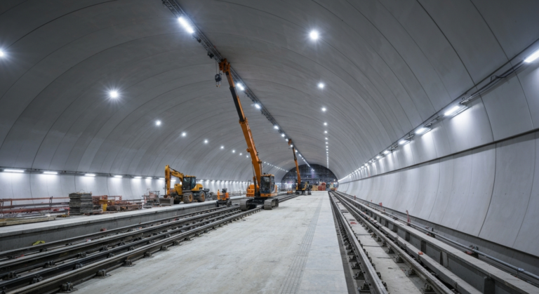 Modern underground subway station construction site with illuminated tunnels and sleek design elements