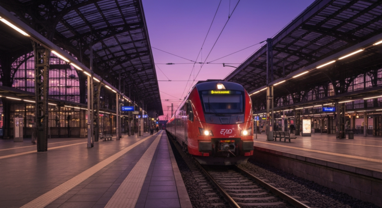 Modern passenger train arriving at a bustling, illuminated railway station in Prague during evening hours.