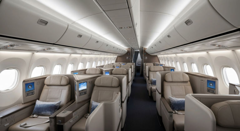 Empty British Airways business class cabin showcasing modern design and comfortable seating