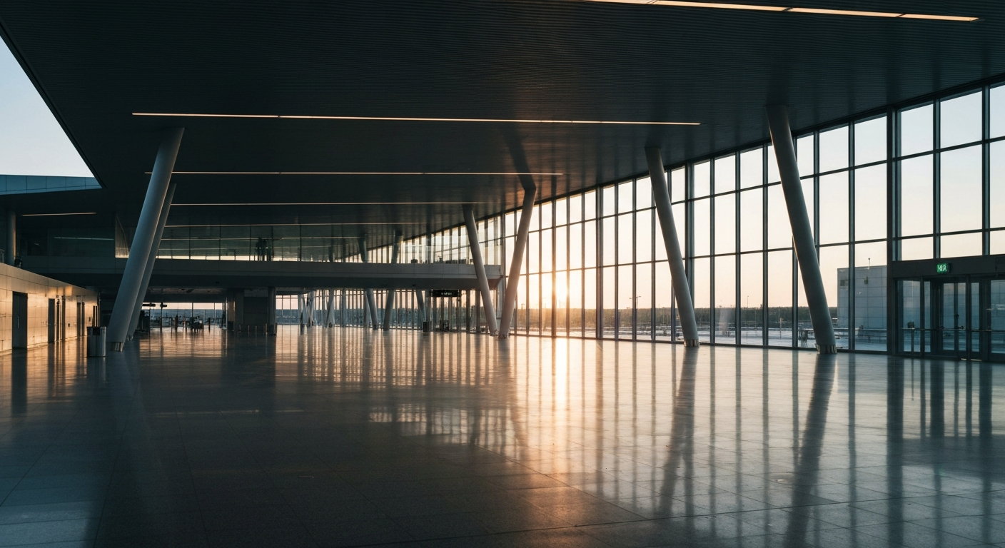 Spacious, modern main hall of Montreal Metropolitan Airport's YHU Terminal at sunrise