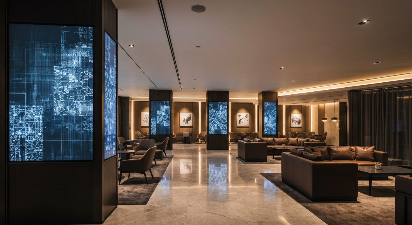 Sleek, modern hotel lobby lounge with integrated digital screens showcasing seamless service.