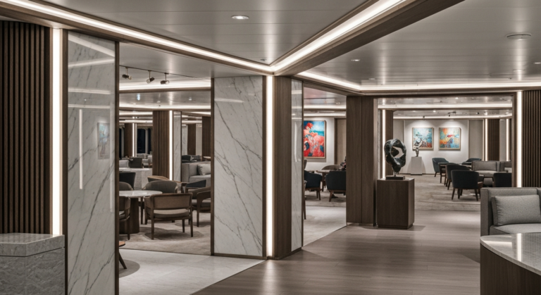 Elegant art gallery within a modern luxury cruise ship interior with soft lighting.