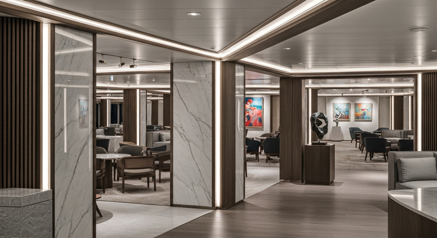 Elegant art gallery within a modern luxury cruise ship interior with soft lighting.