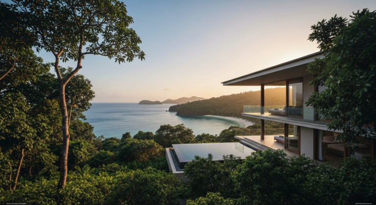 Elegant luxury resort villa surrounded by tropical greenery with a view of a serene ocean
