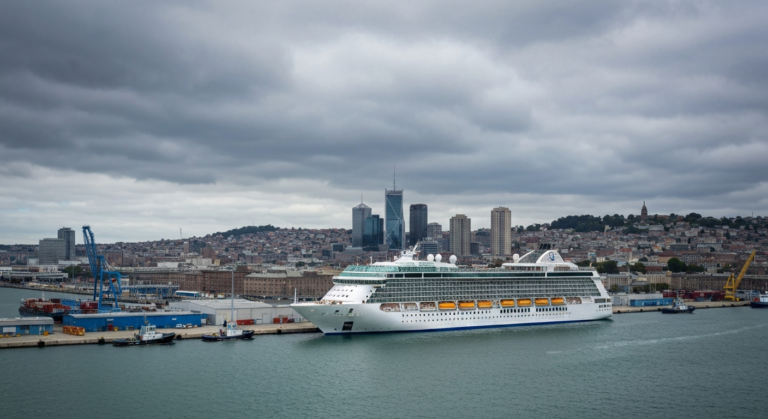 Modern cruise ship docked at Galveston port terminal under overcast sky with dynamic cloud formations