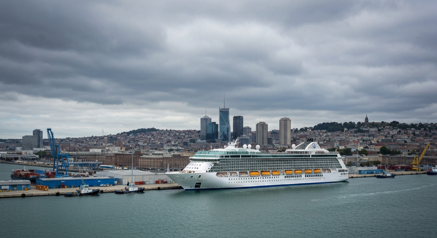 Modern cruise ship docked at Galveston port terminal under overcast sky with dynamic cloud formations