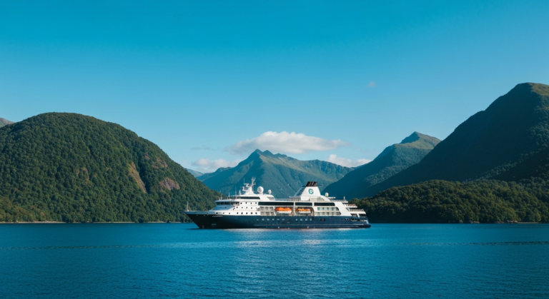 Modern expedition cruise ship anchored in a beautiful, calm bay reflecting pristine nature.