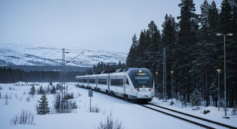 Modern train navigating through pristine snowy landscapes of northern Sweden's new rail line.
