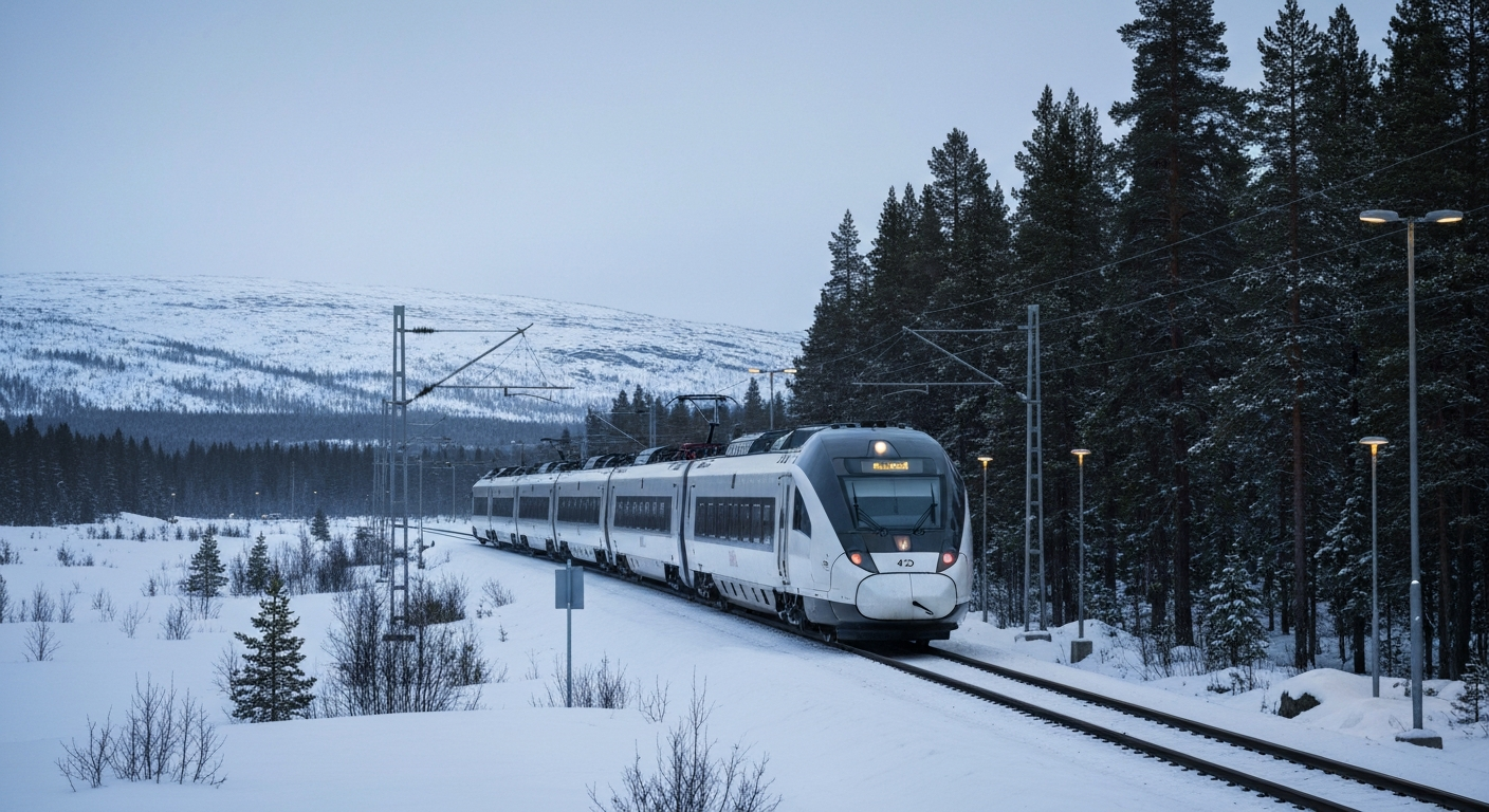 Modern train navigating through pristine snowy landscapes of northern Sweden's new rail line.