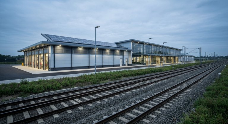 Modern sustainable rail maintenance facility with solar panels and green landscaping at dawn