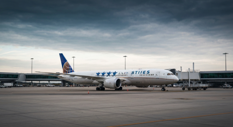 United Airlines Boeing 787-10 with 'Stars and Stripes' livery at a modern airport gate.