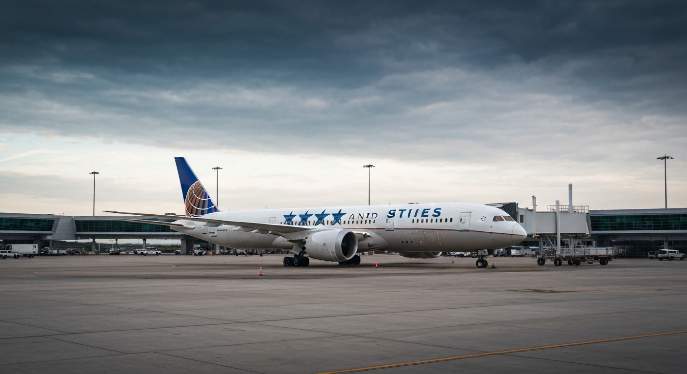 United Airlines Boeing 787-10 with 'Stars and Stripes' livery at a modern airport gate.