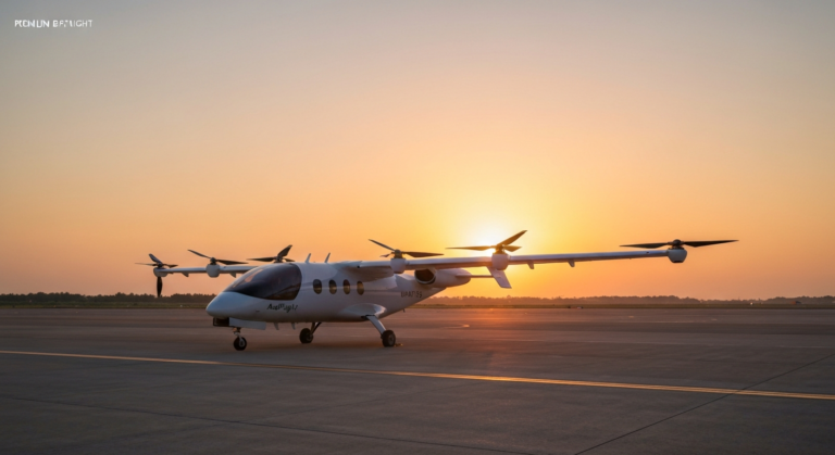 AutoFlight V2000CG cargo eVTOL aircraft parked on a quiet tarmac at a modern Indonesian airport.