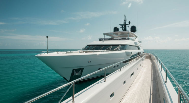 Sleek luxury superyacht sailing on clear turquoise waters under a pristine sky.